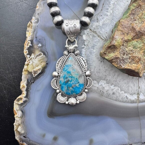 Sterling Silver Southwestern Style Teardrop Iranian Turquoise Decorated Pendant - Picture 2 of 10